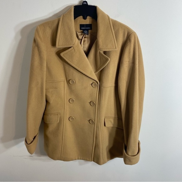 Moda International Wool Blend Pea Coat Large Camel Tan Brown Double Breasted - Picture 2 of 8